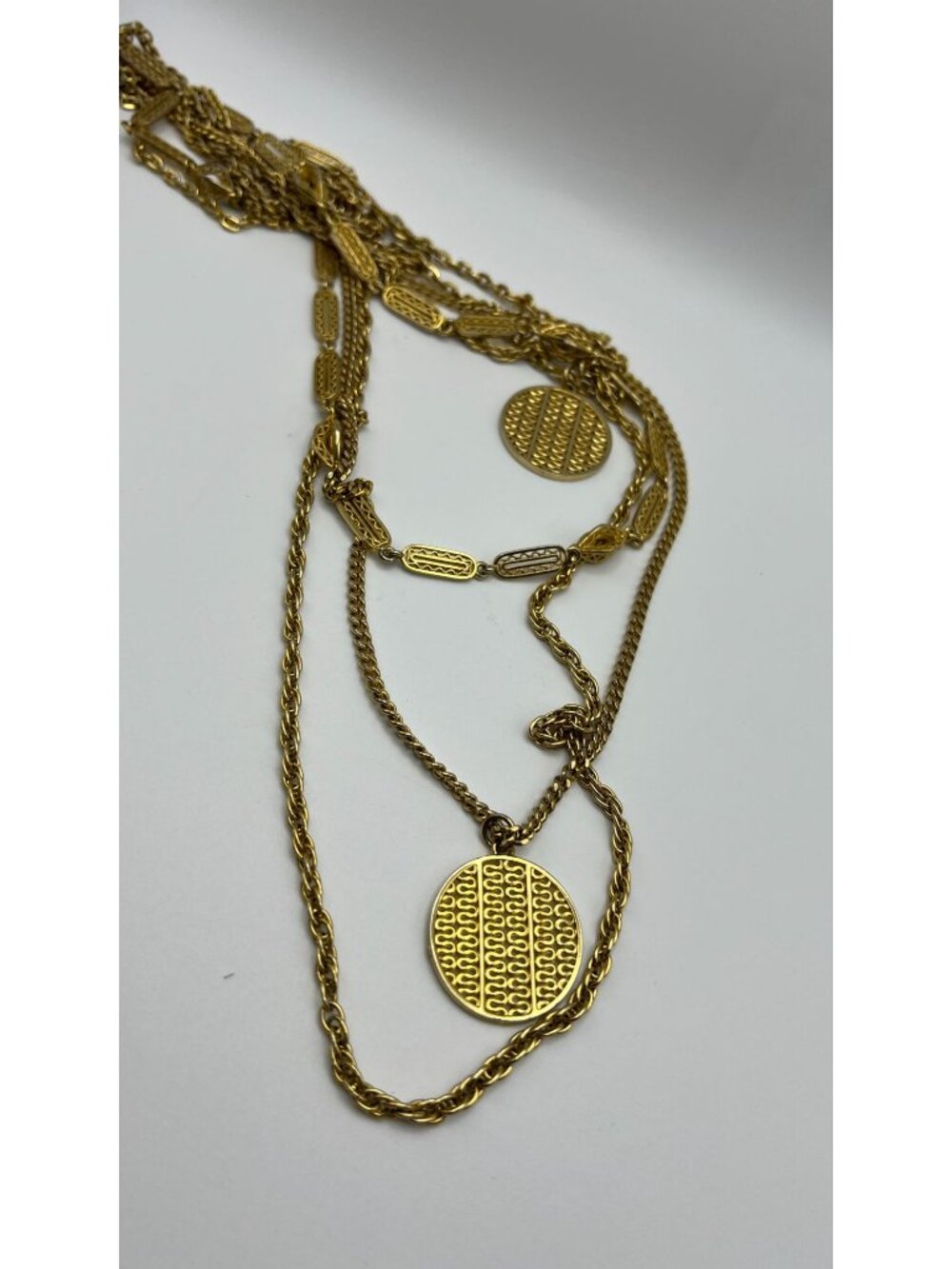 Vintage Gold-Tone Multi-Strand Chain Necklace With Textured Oval Pendants & Intr